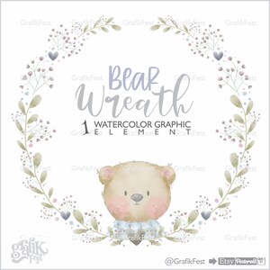クマのリース、クマのクリップアート、リースの水彩画、リースのグラフィック、招待状の水彩画、水彩画のクリップアート、イラスト、かわいいフレーム、フレーム
