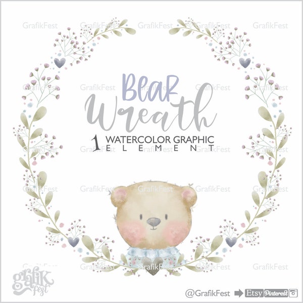 Bear Wreath, Bear Clipart, Wreath Watercolor, Wreath Graphic, Invitation Watercolor, Watercolor Clipart, Illustration, Cute Frame, Frame