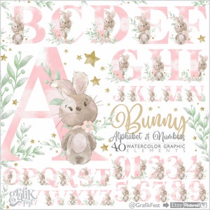 Bunny Alphabet, Watercolor, Alphabet Clipart, Number Watercolor, Alphabet Watercolor, Rabbit Alphabet, Number Graphics, Monogram Clipart