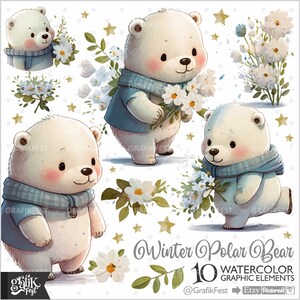 Niedźwiedź polarny, Clipart, Zimowy Clipart, Clipart świąteczny, Niedźwiedź bożonarodzeniowy, Akwarela, Wesołych Świąt, Sezonowy, Pora roku, PNG, Choinka
