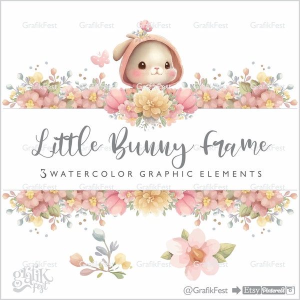 Bunny Frame, Floral Frame, Greenery Frame, Invite Card, Digital Rabbit Clipart, Digital Decoration, Printable, Children Frame, Baby Girl