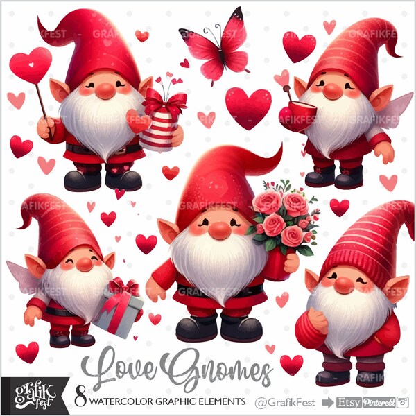 Gnome Clipart, Valentine Gnomes, Love Clipart, Valentines Clipart, Scandinavian Gnome, Love Graphics, Valentines Day, Printable Gnome, Cute