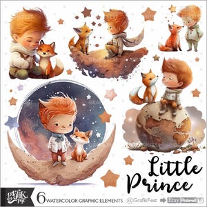 Kleiner Prinz, Cliparts, Kleiner Pilot, Aquarell, Illustrationen, El principito, Prinz Thema, Märchen, Junge Clipart, Aquarell Junge, Niedlich
