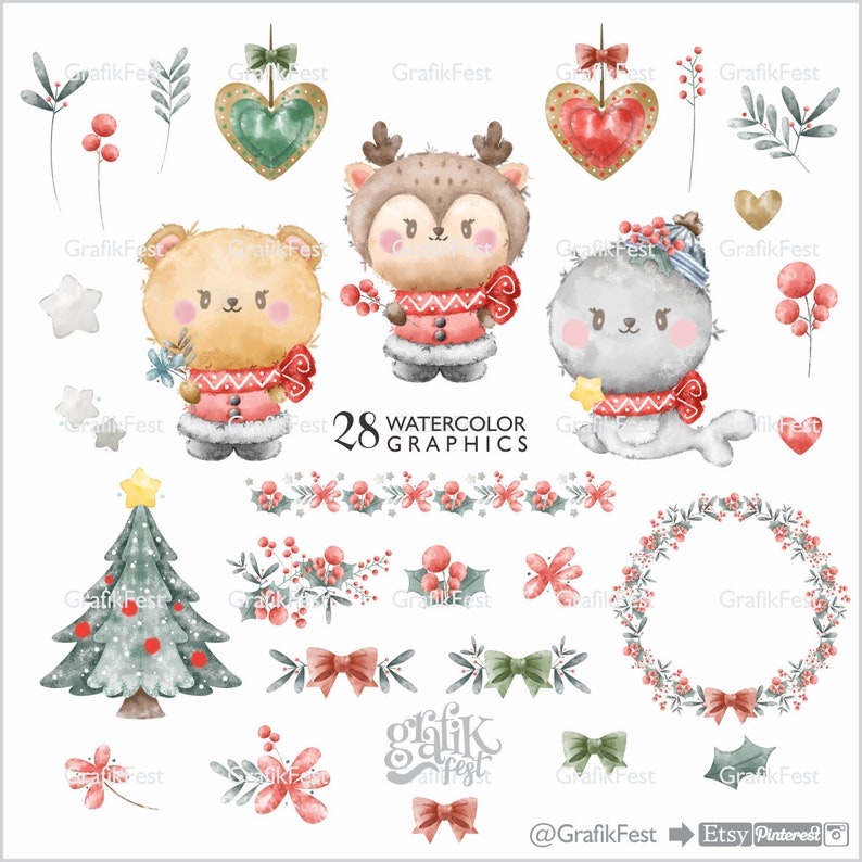 Christmas Watercolor, Christmas Clipart, Winter Watercolor, Winter Clipart, Woodland, Little Animals, Digital, Forest Clipart, Printable image 2