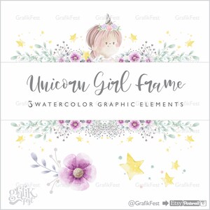 Mädchen Rahmen, Einhorn Rahmen, Aquarell Rahmen, Greenery Rahmen, Einladungskarte, Digitale Florale Clipart, Einhorn Bordüre, Einhorn Mädchen Rahmen, Bordüre