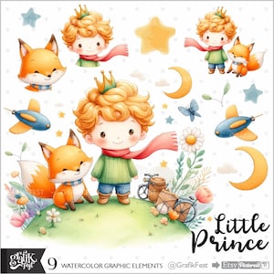 Principito, Cliparts, Pequeño Piloto, Acuarela, Ilustraciones, El principito, Tema del príncipe, Cuento de hadas, Clipart de niño, Acuarela de niño, Lindo