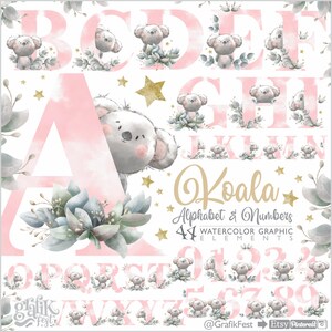 Acuarela del alfabeto, Clipart del alfabeto, Acuarela de números, Gráficos numéricos, Imágenes prediseñadas de monograma, Imágenes prediseñadas de letras, Acuarela de monograma, Koala