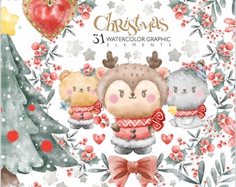 Christmas Watercolor, Christmas Clipart, Winter Watercolor, Winter Clipart, Woodland, Little Animals, Digital, Forest Clipart, Printable