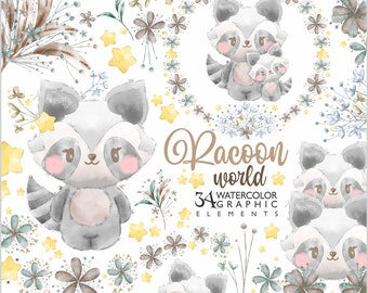 Raccoon Watercolor, Raccoon Clipart, Animal Clipart, Woodland Watercolor, Welcome Baby Clipart, New Born Clipart, Watercolor, Racoon, Baby