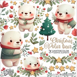 Niedźwiedź polarny, Clipart, Zimowy Clipart, Clipart świąteczny, Niedźwiedź bożonarodzeniowy, Akwarela, Wesołych Świąt, Sezonowy, Pora roku, PNG, Choinka