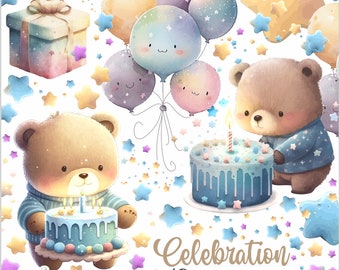 Birthday Clipart, Celebration Clipart, Watercolor, Bear Graphic, Birthday Party, Boy Birthday, Happy Birthday, Bear Watercolor, Cake Clipart