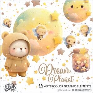 Bear Clipart, Bee Clipart, aquarel, Good Night illustraties, Sweet Dreams Clipart, kwekerij Clipart, sterren, kinderen illustratie, teddybeer