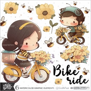 Giro in bicicletta, Clipart, Clipart per studenti, Clipart per bici, Clipart ape, Clipart di viaggio, Clipart primaverile, Clipart floreale, Illustrazione, Grafica primaverile