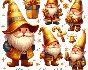 Clipart Gnome, Clipart Noël, Clipart Nouvel An, Nains du Nouvel An, Nains dorés, Happy New Year, Nains de Noël, Célébration, Aquarelle