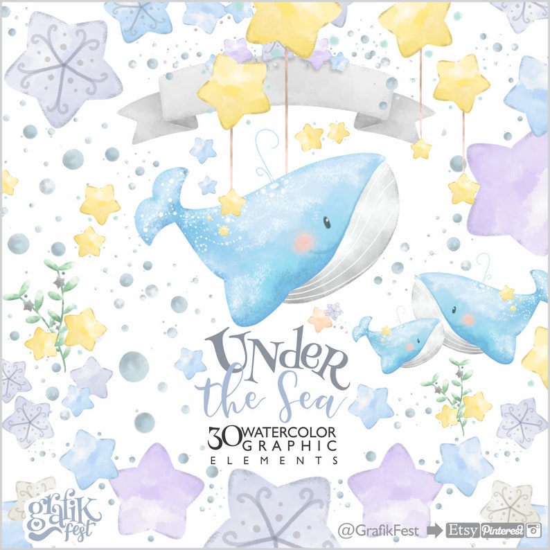 Whales Watercolor, Watercolor Clipart, Whales Clipart, Nursery Clipart, Nursery Watercolor, Under the Sea Clipart, Digital Whale, Printable image 1