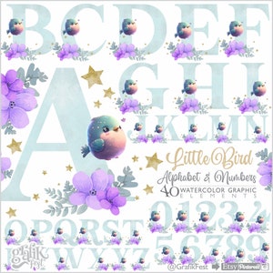 Alfabeto de pássaro, aquarela, clipart de alfabeto, aquarela de números, aquarela de alfabeto, alfabeto de primavera, gráfico de números, clipart de monograma, azul