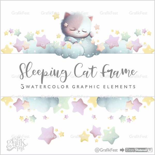 Baby Frame, Cat Frame, Stars Frame, Baby Cat, Good Night, Invite Card, Digital Decoration, Printable, Cute, Kitten Frame, Clipart, Digital