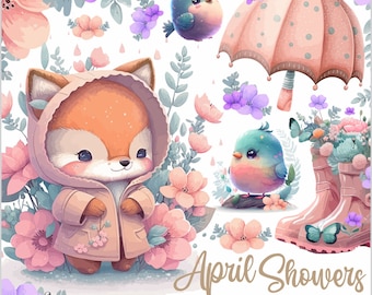 April Showers, Clipart, Watercolor, Spring Graphics, Rainy Day, Rain Clipart, Printable, Umbrella Clipart, Rain Boots Clipart, Fox Clipart