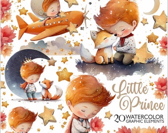 Little Prince, Cliparts, Little Pilot, Watercolor, Illustrations, El principito, Prince theme, Fairytale, Boy Clipart, Boy Watercolor, Cute