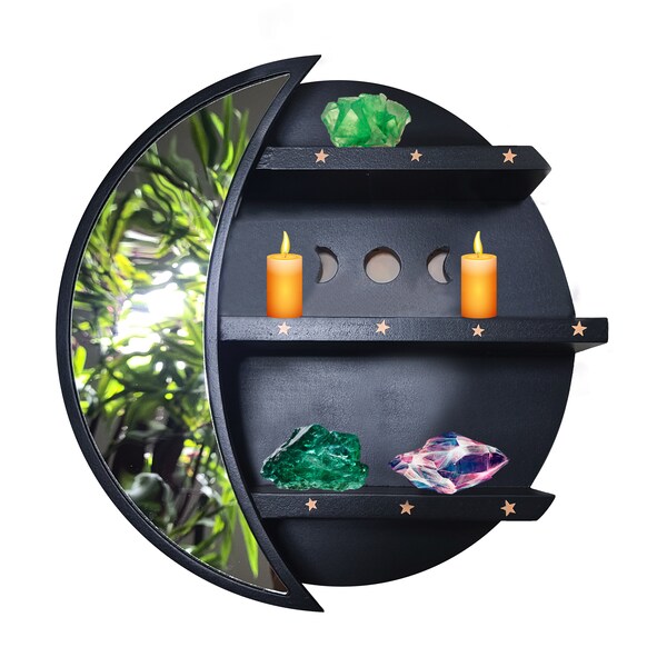 Big Gothic Witchy Crescent Moon Shelf for Crystals with Warped Moon Mirror- Celestial Chic Decor- Available in Black And White