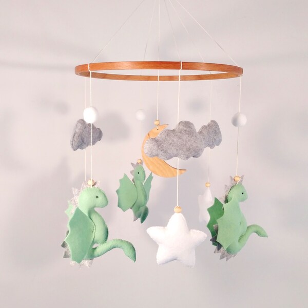 Dragon mobile, Cloud crib mobile for baby, Fairy tale nursery, Baby crib mobile, Felt dragon, Gender neutral baby mobile, Dragon baby mobile