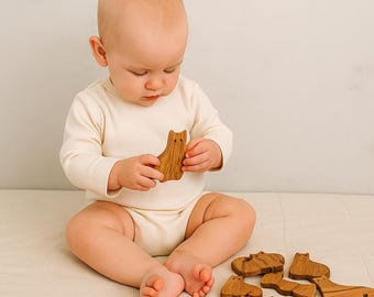 Hand Carved Oak Wood Cat Puzzle: Montessori Baby Toy