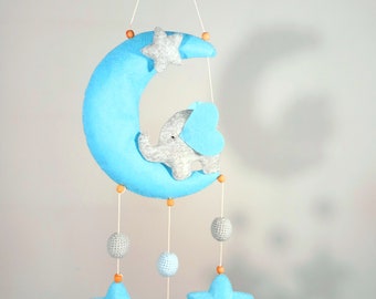 Blue Moon and Elephant Mobile, Baby Mobile Boy, Felt Moon Mobile, Baby Crib Mobile, Moon Baby Mobile, Moon Nursery Mobile, Baby Shower.