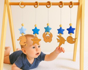 Handmade Wooden Baby Gym: Montessori Sensory Play with 5 Hanging Toys