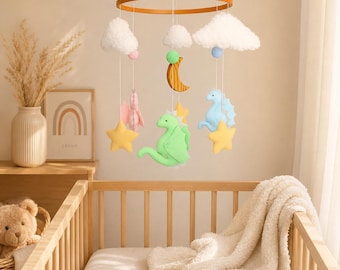 Felt Dragon Baby Mobile, Fantasy Nursery Decor, Moon Stars Clouds Crib Mobile