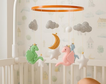 Handmade Felt Dragon Baby Mobile – Fantasy Nursery Crib Decor, Moon Stars