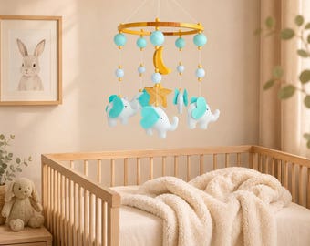 Blue Felt Elephant Baby Mobile: Handmade Nursery Decor