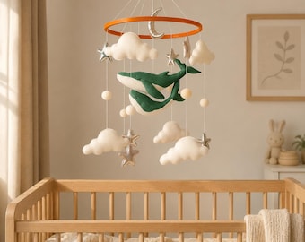 Whale Mobile: Felt Mom & Baby Whales, Golden Stars Nursery Decor