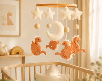 Felt Dragon Baby Mobile – Moon, Stars, Neutral Nursery Crib Decor