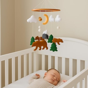 Woodland Bear Baby Mobile: Felt Mountain Nursery Decor