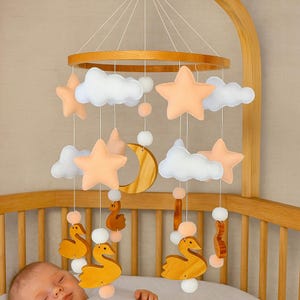 Handmade Swan Baby Mobile: Wooden Swans, Felt Stars Nursery Decor