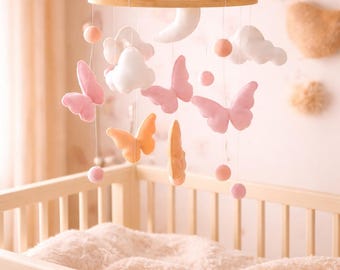 Felt Butterfly Baby Mobile, Pink Floral Nursery Decor, Moon Clouds Crib Mobile
