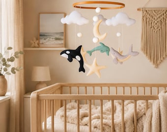 Felt Whale Baby Mobile: Neutral Nursery Decor, Ocean Theme