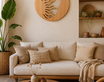 Decorazione murale in legno di faggio realizzata a mano con sole e luna / Decorazione boho celeste in legno