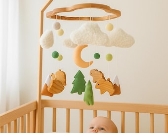 Woodland Baby Mobile: Wooden Animals, Felt Trees & Moon