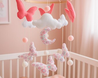 Felt Butterfly Baby Mobile: Pink Nursery Decor, Handmade mobile.