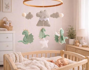 Felt Dragon Baby Mobile, Neutral Nursery Decor, Fantasy Crib Mobile, Handmade Fairytale Atmosphere
