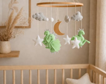 Felt Dragon Baby Mobile, Neutral Nursery Decor, Fantasy Crib Mobile, Handmade Fairytale Atmosphere