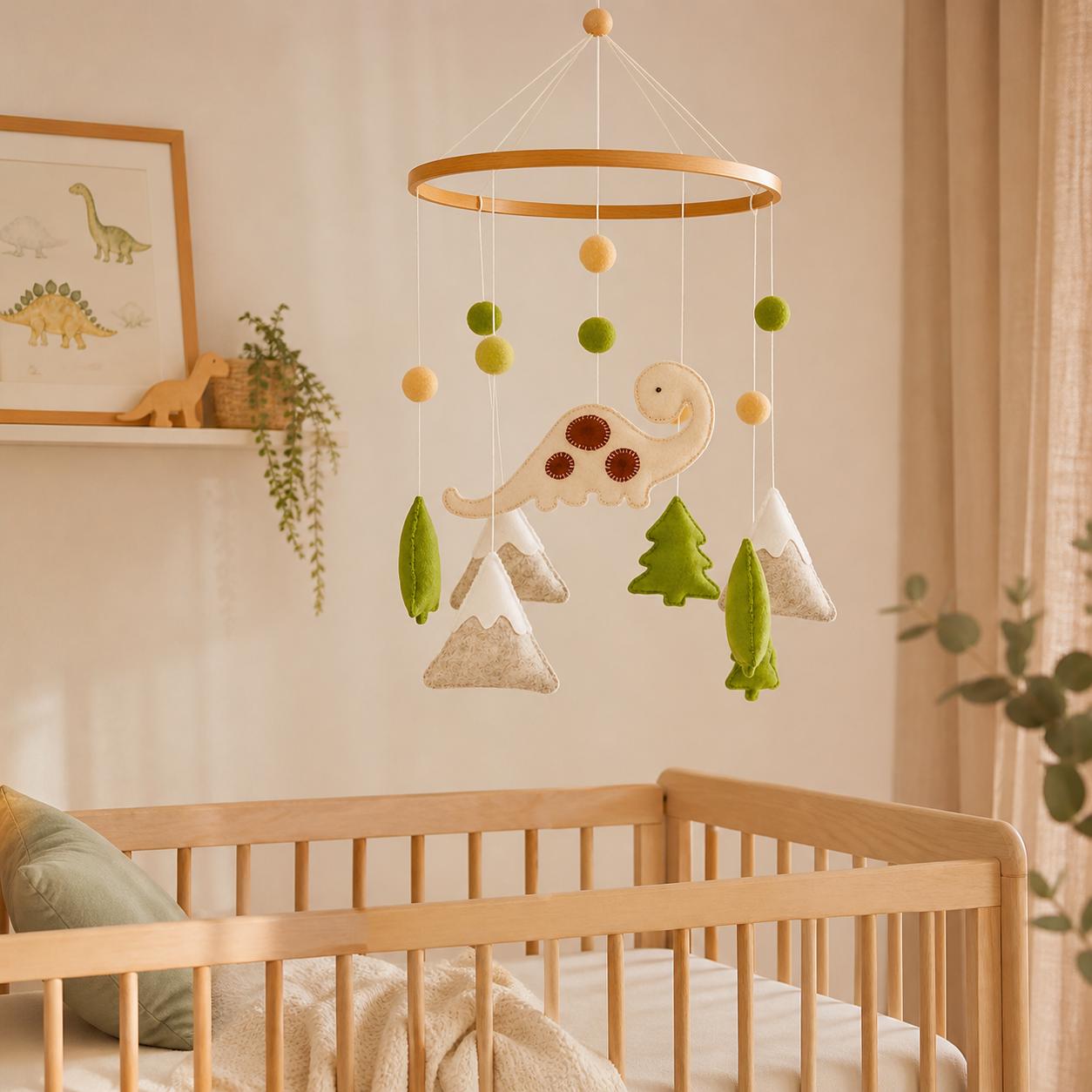 Felt Dinosaur Baby Mobile: Neutral Nursery Decor, Wooden Frame