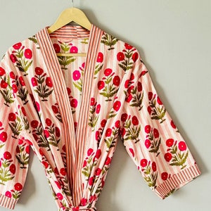Peignoir kimono en coton, Robe de demoiselle d'honneur à blocs imprimés, Vêtements de nuit d'été, Kimono tendance, Robe de nuit pour femme, Taille unique
