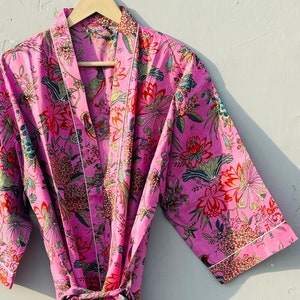 ENTREGA EXPRÉS - Batas de kimono de algodón, kimono con estampado de pájaros, batas de baño suaves y cómodas, vestido cruzado, bata de casa, regalo de kimono para mujeres y hombres