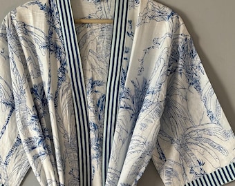 Blue Jungle Printed Kimono Robes, Morning Tea Robe Coat, Bridesmaid Robe, Women Wear Cotton  robe, Nightweargown Women Dress One Size