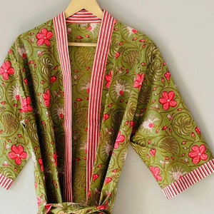 Indian floral robe,Green Flower 100% Cotton Indian Beach Kimono Robe ,Kimono Robe,Cotton Robe,Shower Robe, Maternity Robe Bath robe Dressing