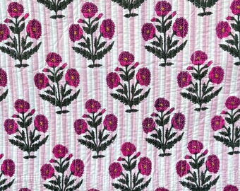 New Pink Flower Block Print Quilted Fabric, Quilted Jacket Fabric, Home Decor Cotton Fabric, Fabric By The Yard, Unique Fabric