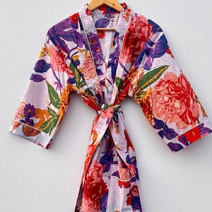 Boho Floral Cotton Kimono Robe for Women Cotton Bathrobe for Women Lightweight 100% Organic Cotton Hand-printed Long Yukata Japanese