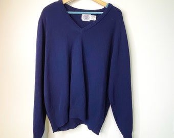 Vintage 1980s Navy Blue Wool Pullover Sweater by Cape Isle Knitters -- 100% Lambswool, Size L (Genderless Sizing) --  Free Shipping!